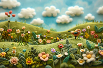 A bright and colorful scene unfolds – a sweet bird sits on green hills amidst blooming flowers, all crafted in a playful wool felt and fabric style that captures the wonder of a children's book illust