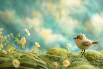  sweet bird perched on green hills, surrounded by colorful flowers, all crafted from wool felt and fabric in a childlike, dreamlike style perfect for a children's book illustration.