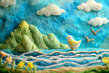 Layered felt artwork: Vibrant, sharp details. Mountains, birds, waves on textured paper.