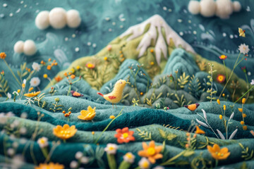 Textured dream: Felt mountains, birds, waves on textured sky. Dreamy wall art.