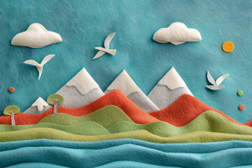 Sharp details and bright colors bring felt mountains, birds, and waves to life on a textured paper canvas. Perfect for modern wall art.