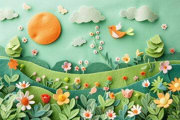 A bird on green hills surrounded by flowers, in the style of wool felt and fabric art, bright and colorful, in the style of children's book illustration, cute and dreamy, with childlike innocence