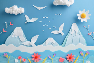 Felt mountains and vibrant waves meet a textured paper sky with birds, creating a minimalist masterpiece for your walls.