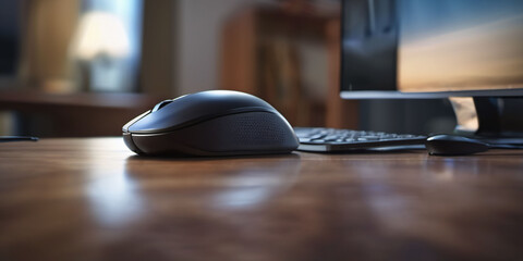 Black computer mouse on a wooden table. A black computer mouse with a wired USB connection sits on a light-colored wooden table. The table has a smooth surface with visible wood grain.