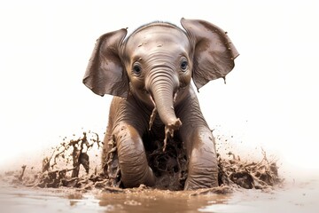 Adorable baby elephant playing in the mud, joyful expression captured in high definition, isolated on white solid background