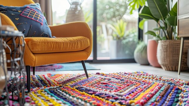 A vibrant handwoven rug made from recycled plastic bottles anchors a cozy reading nook in a home office. The colorful pattern adds a lively touch to the space while also reminding .