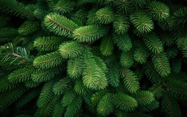 Dense green pine branches close-up shot