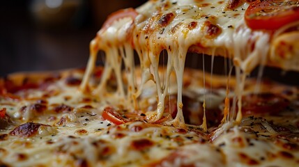 Close-up of a freshly baked pizza, oozing with melted cheese and adorned with savory toppings.  - obrazy, fototapety, plakaty
