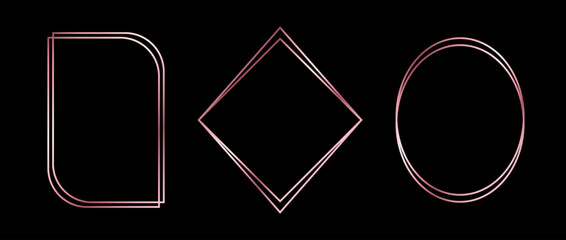 Rose gold thin frames set. Pink gold geometric borders in art deco style. Thin linear diamond, ellipse, arch collection. Foil glowing shiny boarder element pack. Vector photo, cadre, decor bundle