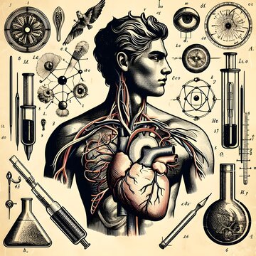 Set of scientific hand draw for medical resources with a human heart in the middle, vintage anatomy book style you can cut and shape from image and use it 