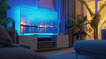 Smart Tv On Cabinet In Living Room at Night