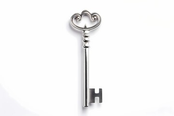 A shiny silver key isolated on a white solid background