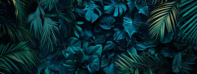 tropical jungle dark background with palm leaves, green and blue colors - obrazy, fototapety, plakaty