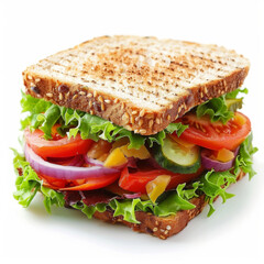 Delicious toasted sandwich with cheese, lettuce, and tomato on a white background.