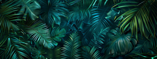 tropical jungle dark background with palm leaves, green and blue colors