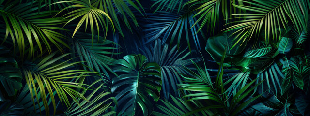 Fototapeta na wymiar tropical jungle dark background with palm leaves, green and blue colors