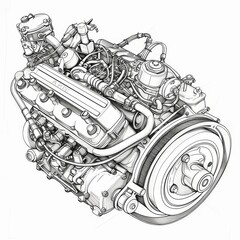 Intricate Car Engine Pencil Sketch