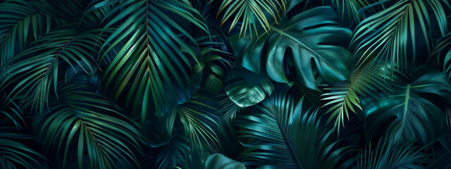 tropical jungle dark background with palm leaves, green and blue colors - obrazy, fototapety, plakaty
