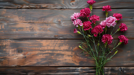 Dianthus (carnations) on wooden background, beautiful flowers, spring floral, with copy space.