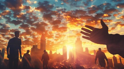 A beautiful sunrise over a city skyline with silhouettes of people reaching upwards toward the sky. In the foreground a social worker is seen extending a hand of compassion and encouragement . - obrazy, fototapety, plakaty