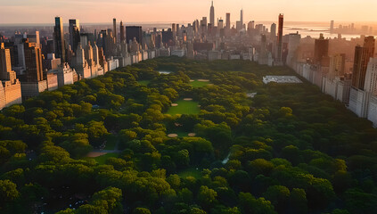 Aerial Photo of Over Central Park with Nature, Trees, People Having Picnic and Resting on a Field...