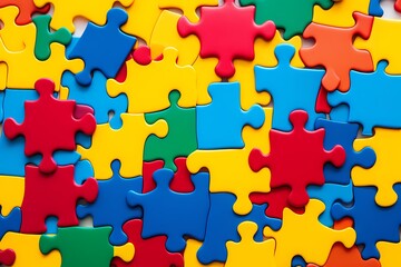 A set of vibrant colored jigsaw puzzle pieces neatly arranged isolated on white solid background