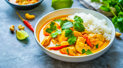 hai chicken and peanut curry with rice in white bowl, gray background. Asian cuisine concept