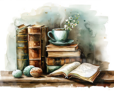 Coffee and books, Glitched Pastels, Watercolor Wash, Mesmerizing and dark, Vintage icons, , easter  theme