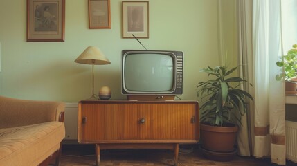 Vintage tv standing on a wooden cabinet next to a comfy couch in a stylish day room interior