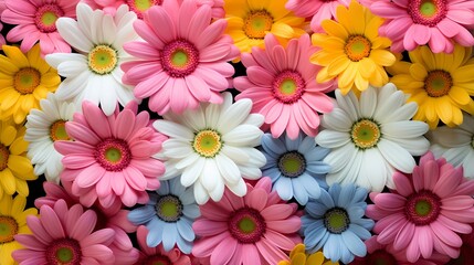 Top view of a cluster of colorful daisies arranged neatly, offering a simple and clean background for your text insertion.