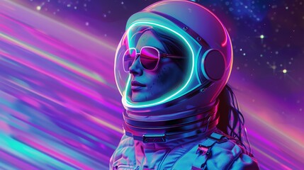 Enigmatic astronaut woman, neon glows in a dreamlike realm, cosmic mystery surrounds, vibrant aura, panoramic, alluring , - obrazy, fototapety, plakaty