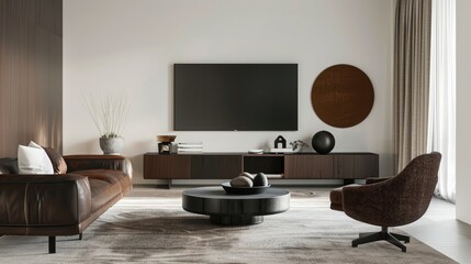 White wall mounted tv on cabinet in living room with dark brown armchair and brown sofa,minimal design.3d rendering