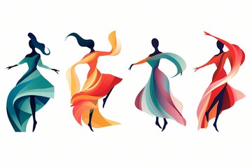 A series of dynamic, colorful vector illustrations portraying different dance forms in a minimalistic style on a white solid background