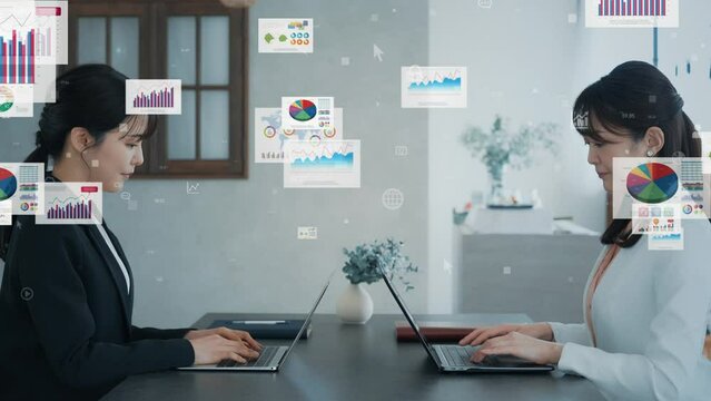 オフィスで働く人々とマーケティングデータ