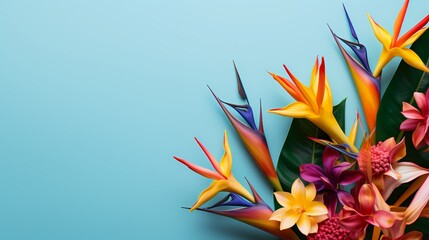 Top view of a bunch of colorful bird of paradise flowers against a simple, colorful background, ideal for adding your message.