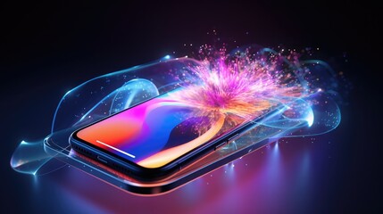 mobile phone emitting a vibrant and futuristic signal, with realistic glowing and lighting effects, showcasing the dynamic energy of the incoming communication, 3D Rendering mobile phone