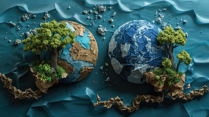 A conceptual piece showing a split earth one side flourishing and the other polluted - obrazy, fototapety, plakaty
