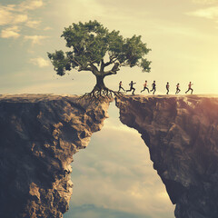 Overcome adversity as a business concept with a group of people running from one cliff to another with the help of a tree for bridging the gap for success with 3D illustration elements.
