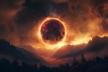 Dramatic Cosmic Eclipse in Otherworldly Mountainous Landscape at Dusk