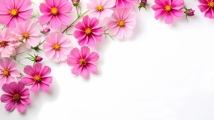 Overhead shot of a cluster of cosmos flowers against a clean white background, providing ample space for your text.