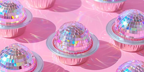 Muffin cake wrapped as a shiny disco ball on a pastel light pink background. A minimalist composition for a celebration.
