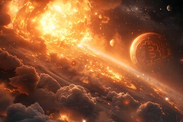 A symbolic representation of Bitcoin's. Galaxy space sky and universe background. Generative AI