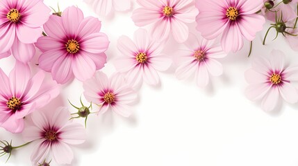Fototapeta na wymiar Overhead shot of a cluster of cosmos flowers against a clean white background, providing ample space for your text.