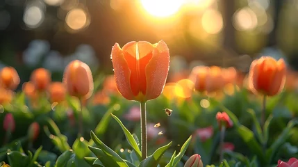 Poster A soft-focus image of dew-covered tulips in the early sunlight, radiating warmth and freshness in a tranquil garden setting © Porames