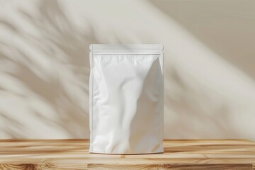 White packaging bag mockup, on a wooden table, top view with header seal