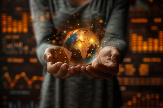 Businesswoman holding globe and rising interest rates Conceptual image of the problem of high interest rates affecting business