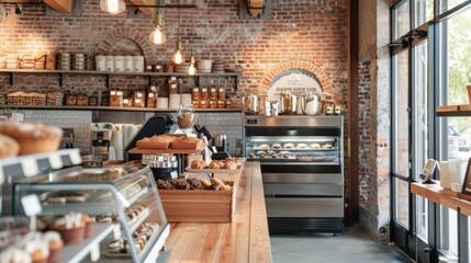 A modern and trendy bakery with exposed brick walls and a sleek Podium dispenser showcasing the latest glutenfree and vegan treats . . - obrazy, fototapety, plakaty