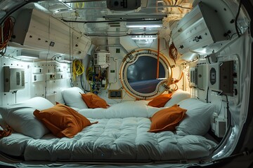 Cozy Sleeping Quarters Aboard Orbiting Spacecraft Provide Comfortable Living Space for Astronauts During Space Missions - obrazy, fototapety, plakaty