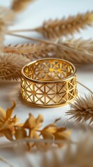 Elegant golden ring design on a soft backdrop. A luxurious and intricately designed 18K golden with 316L Stainless steel ring stands out against a creamy, soft background, bathed in gentle light