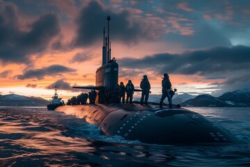 Skilled Submarine Crew Executing Precision Maneuvers at Dramatic Sunset Seascape - obrazy, fototapety, plakaty